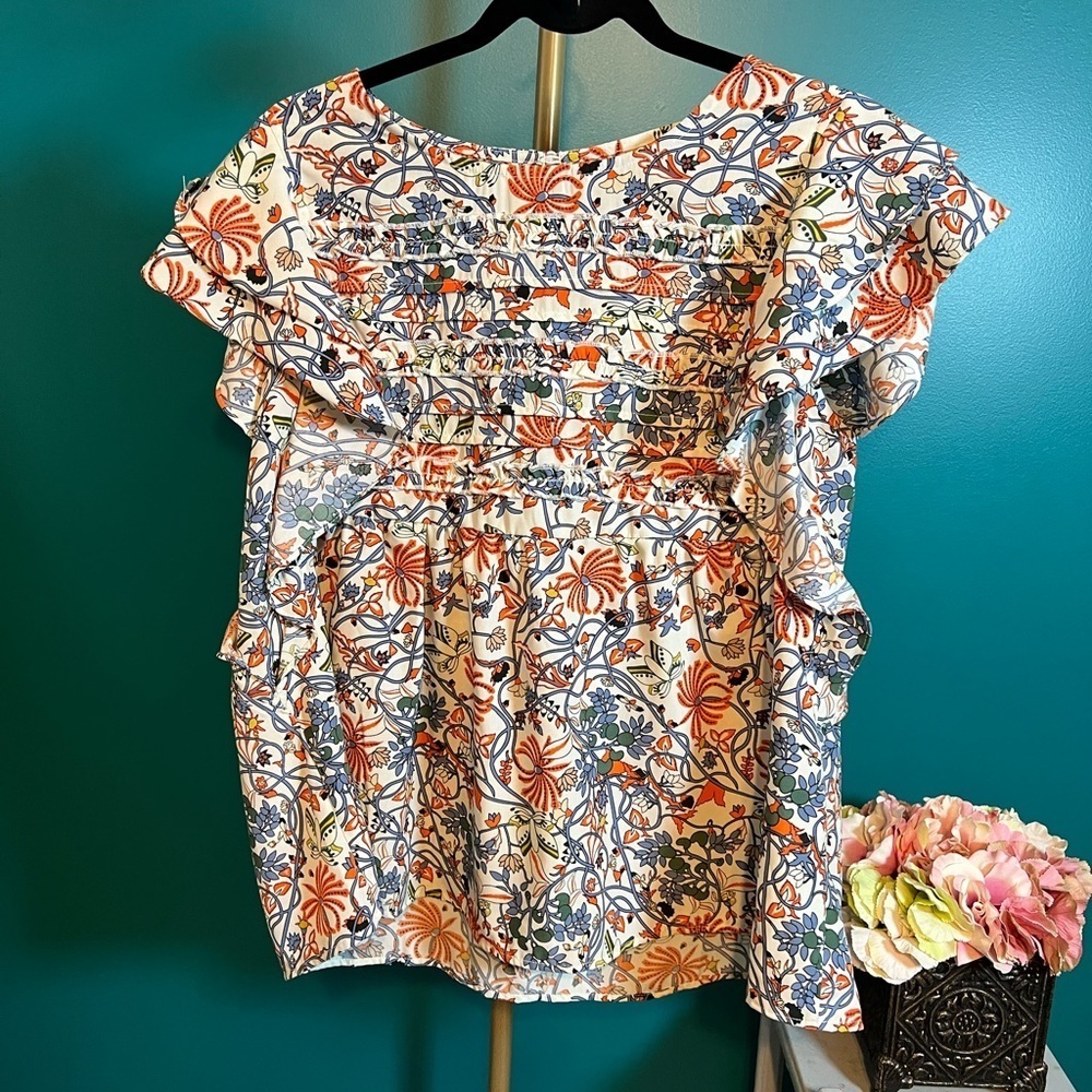 White and Orange Flutter Sleeve Ruffled Blouse